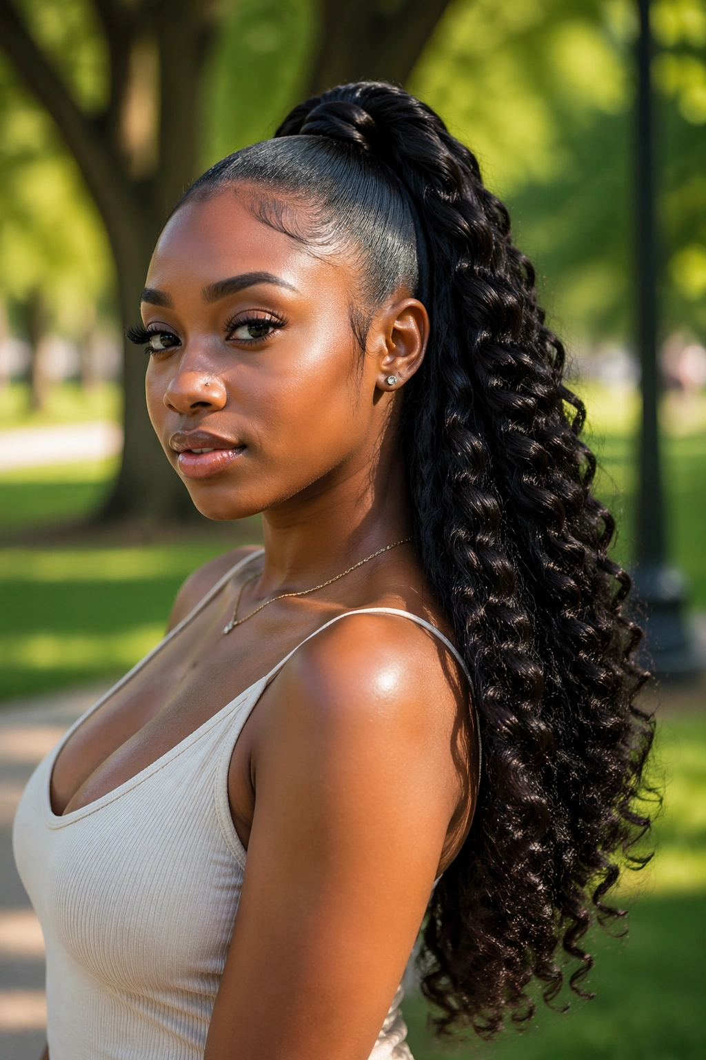 Close-up of a real woman with a rope-twist ponytail and long curl ends