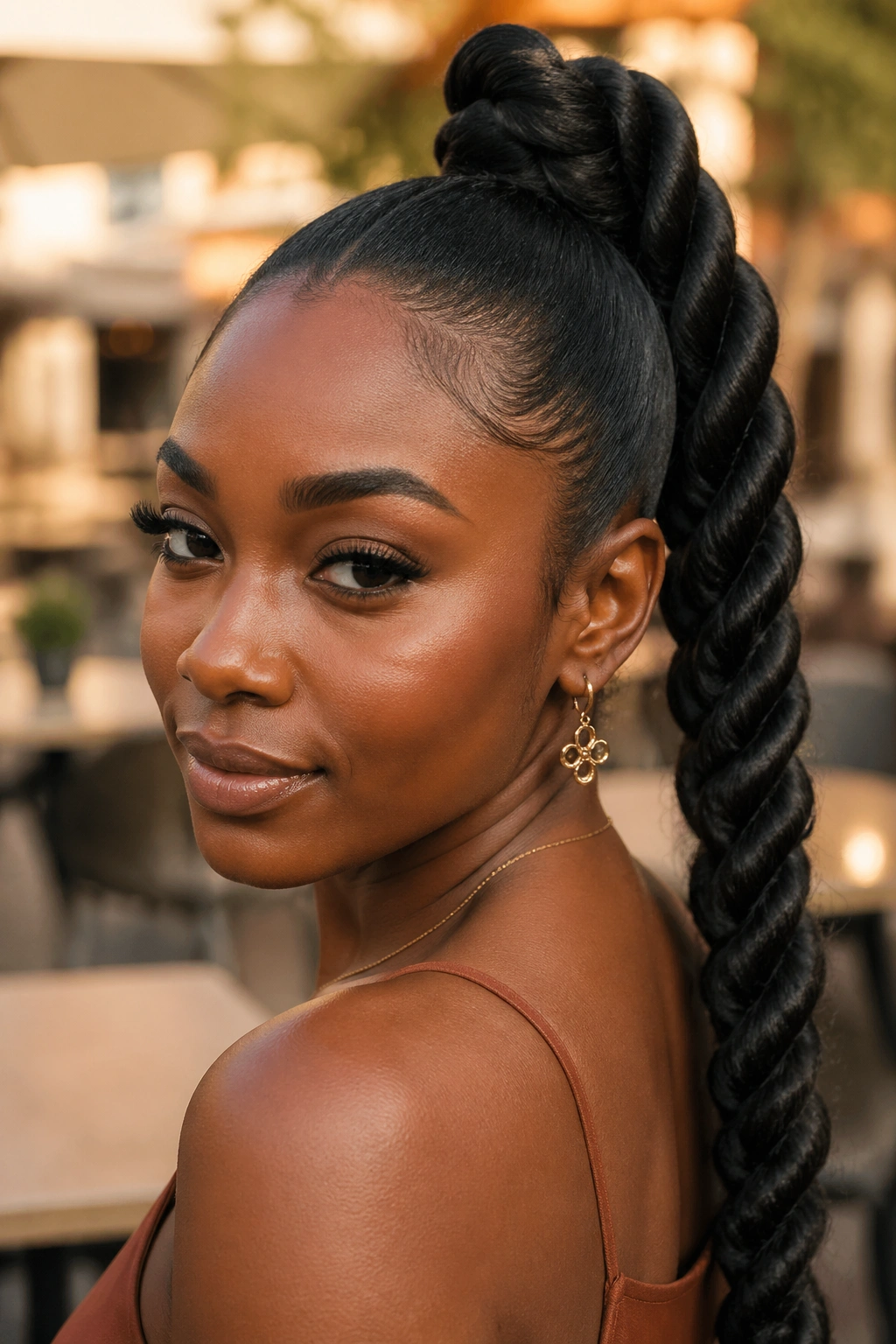 Close-up of rope-twist high ponytail on a real woman showing two twisted sections