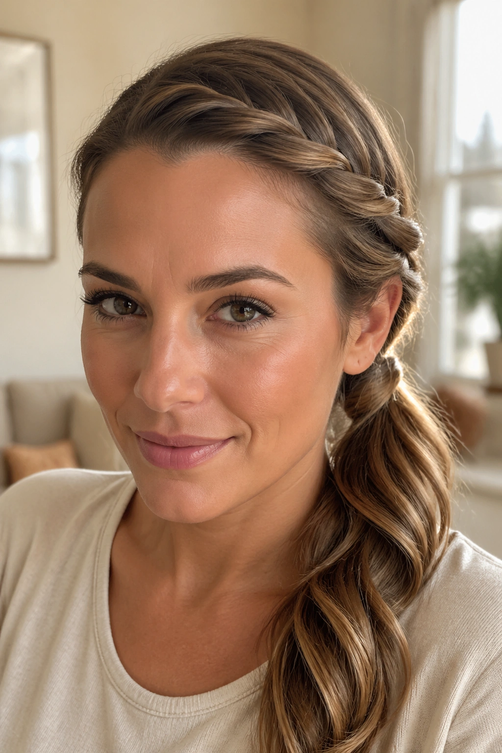 Portrait of a woman with a rope twist side ponytail