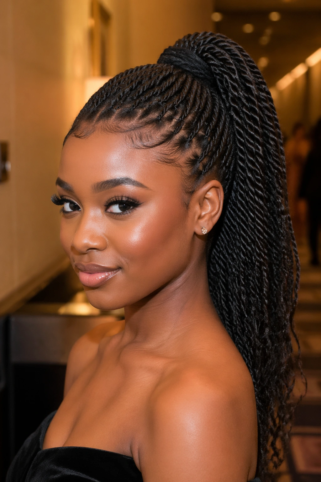 Close-up of a real Black woman with rope-twist ponytail in a warm hotel backstage area
