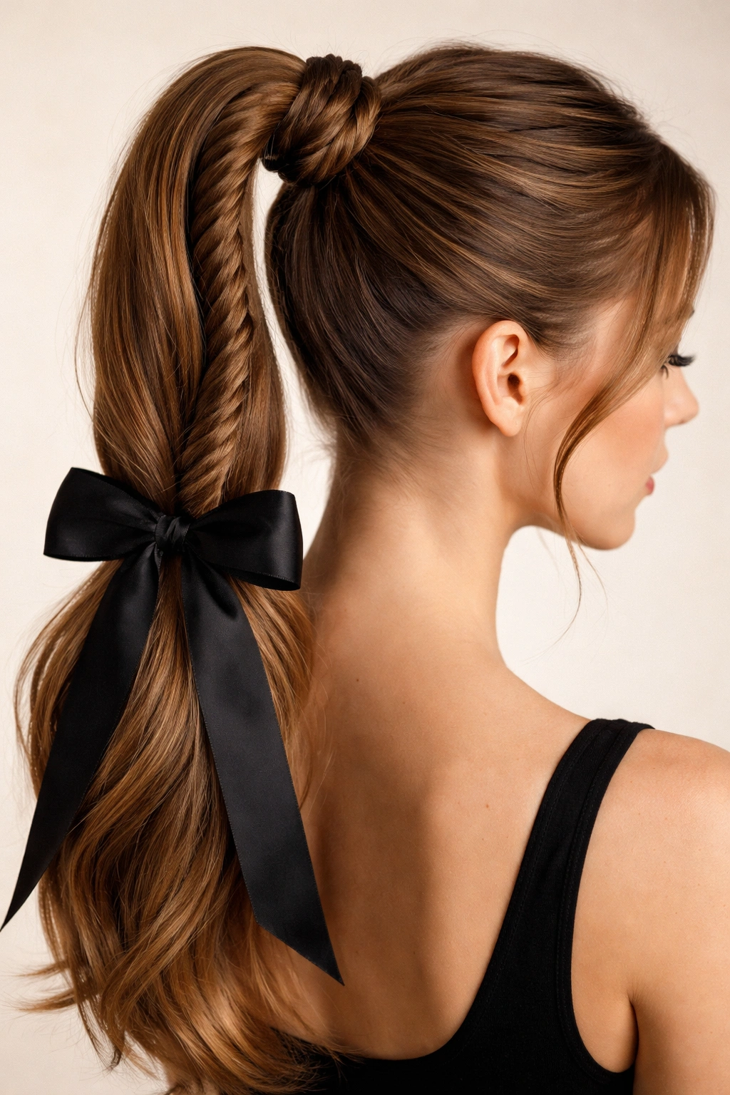 Rope-twist high ponytail with ribbon finishing, visible spiral