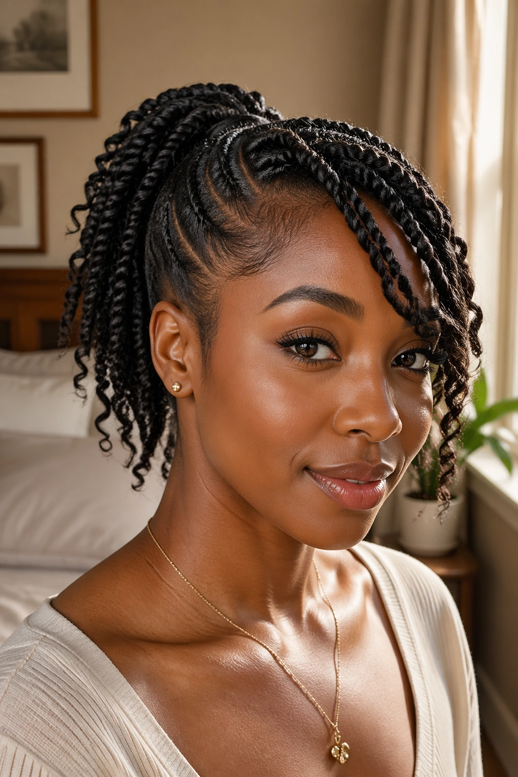 Close-up portrait of a real Black woman with a rope-twist ponytail and soft side bang under natural window light