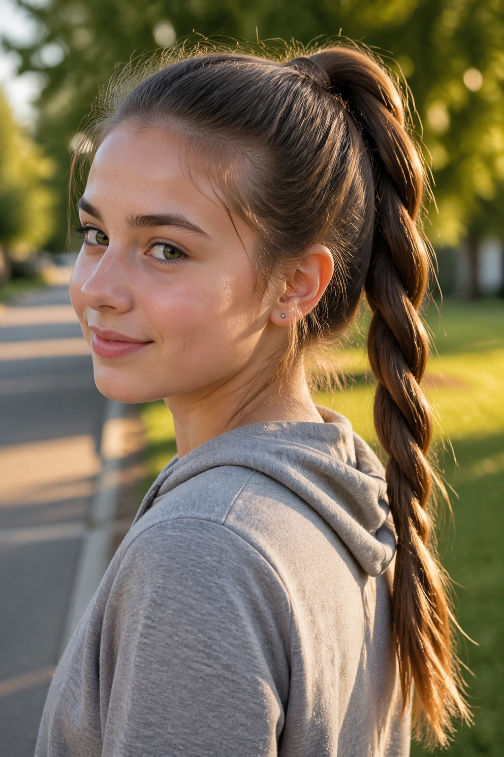 Teen girl with a rope-twist ponytail, sunset light in outdoor setting.