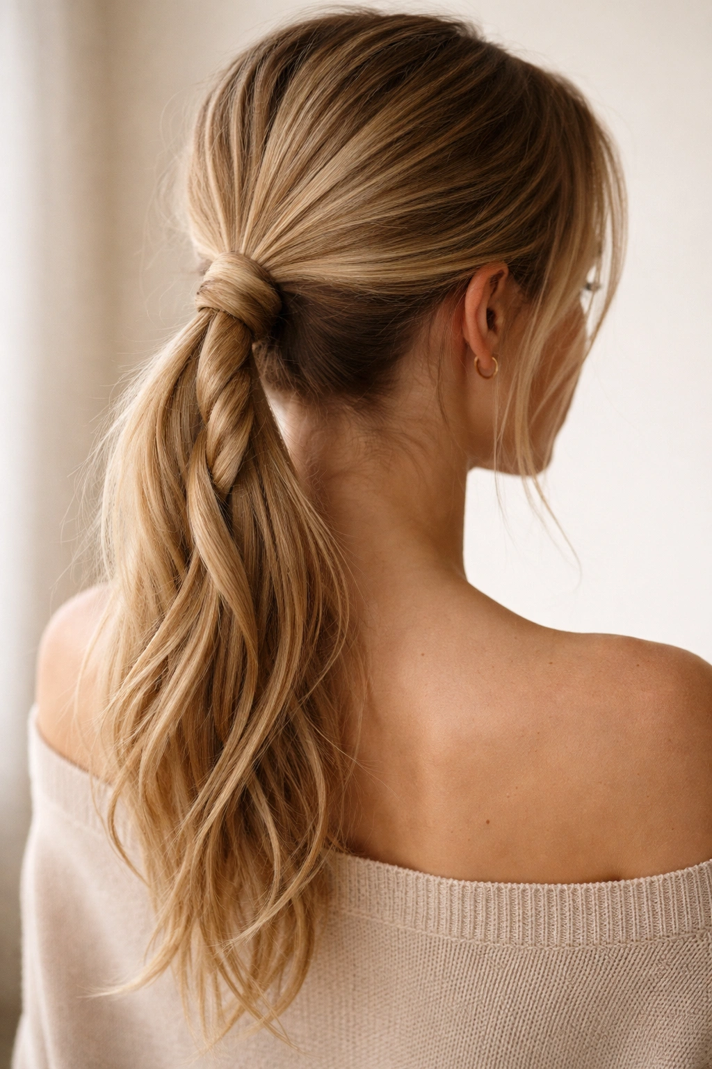 Texture-rich rope-twist ponytail with two interwoven sections.