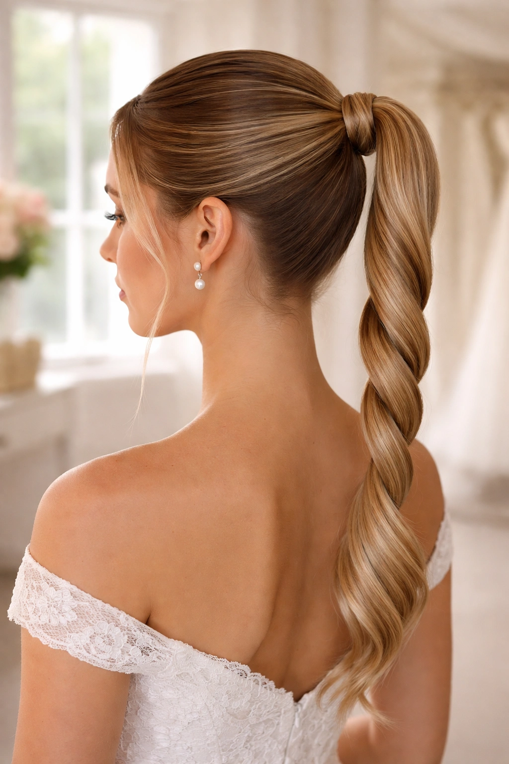 Close-up of a real woman with a rope-twist ponytail showing rope texture.