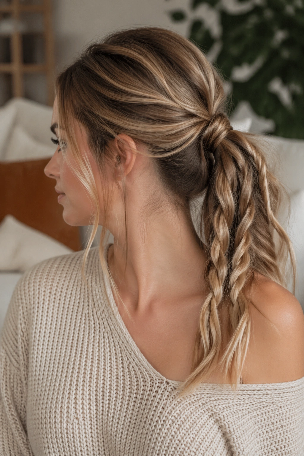 Close-up of a person with a rope-twist ponytail