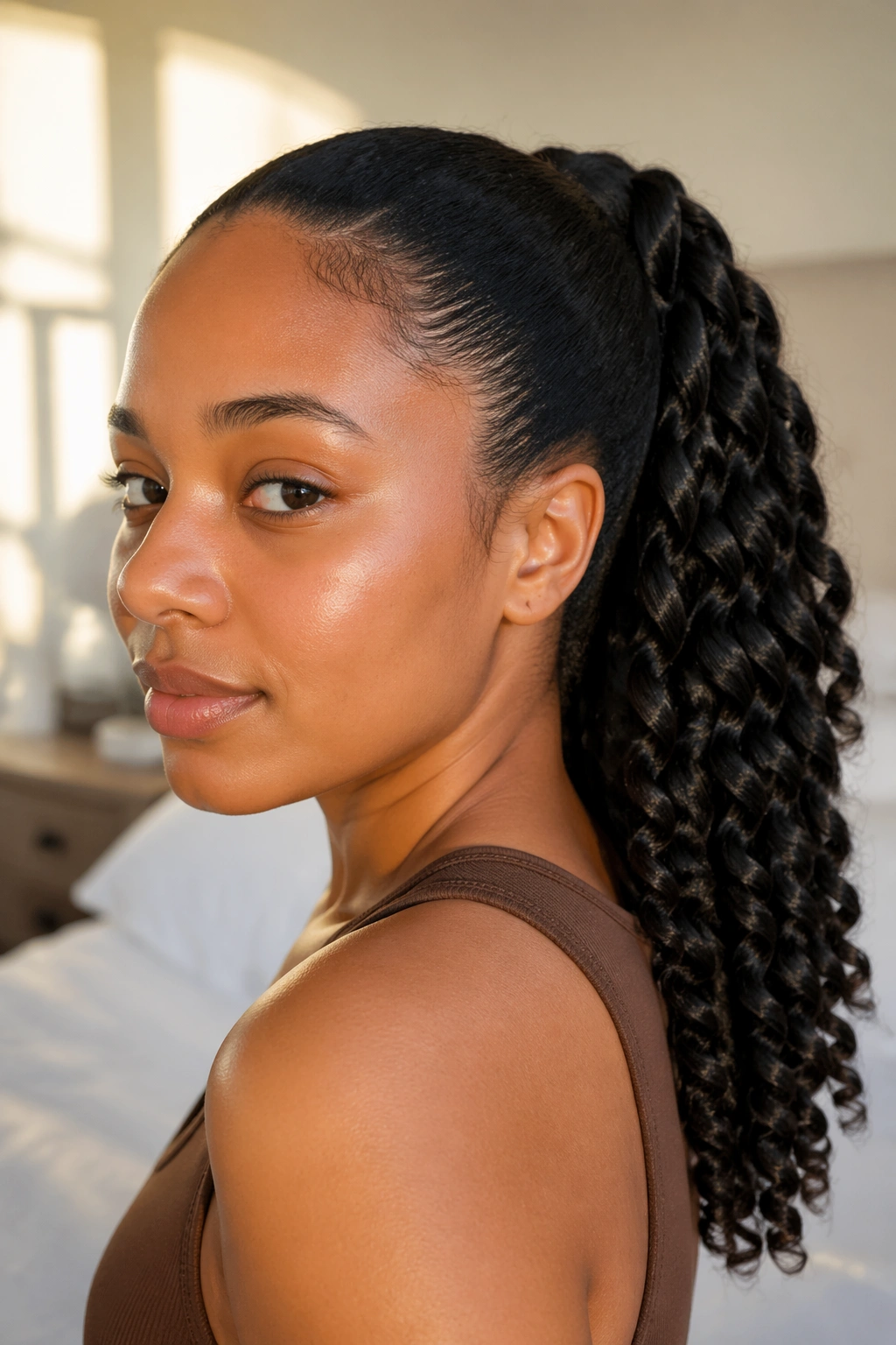 Close-up of a real woman with a rope-twist ponytail in warm window light