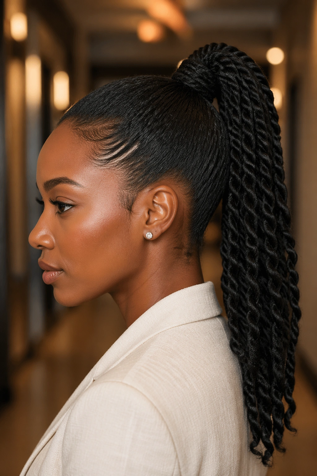 Close-up of a real woman wearing Rope-Twist Ponytail with Wrapped Base showing wrapped base around the elastic