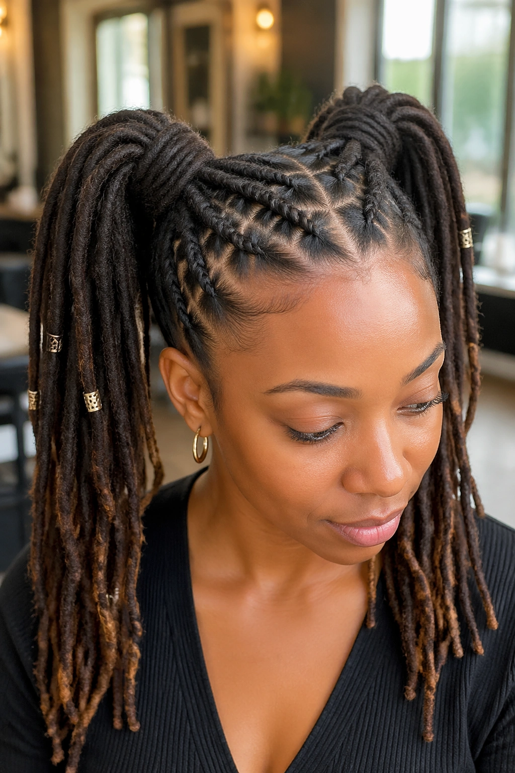 Close-up of rope-twist bases forming lifts into twin ponytails on a real woman in a sunlit salon.