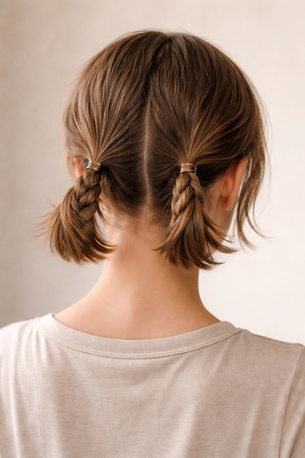 Rope-twist double ponytails on short hair with compact twists secured behind the ears