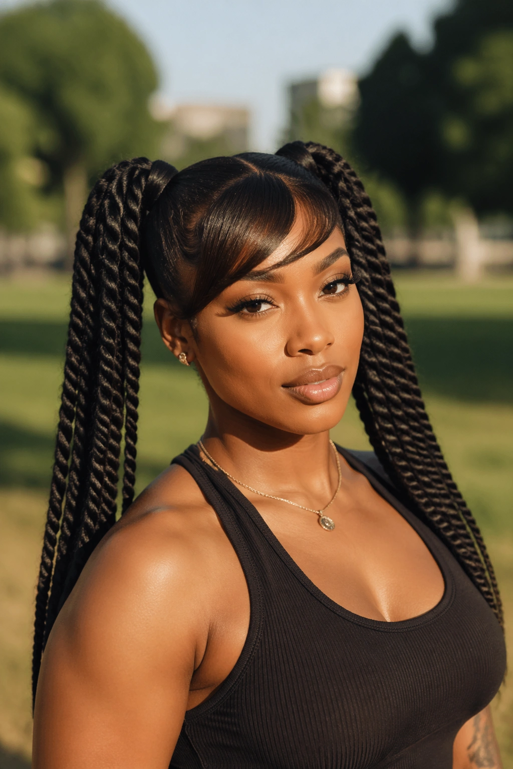 Medium-close portrait of a woman with rope-twist twin ponytails and side-swept bangs in a park