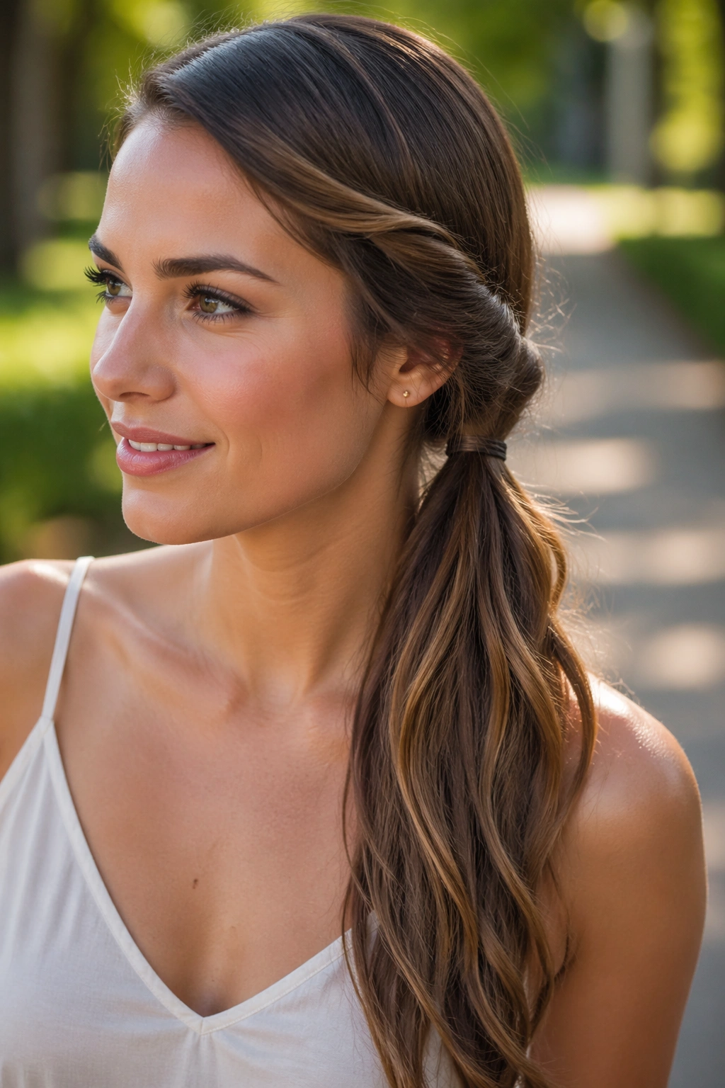 Close-up of a real woman with a rope-twist side ponytail in a sunny outdoor setting