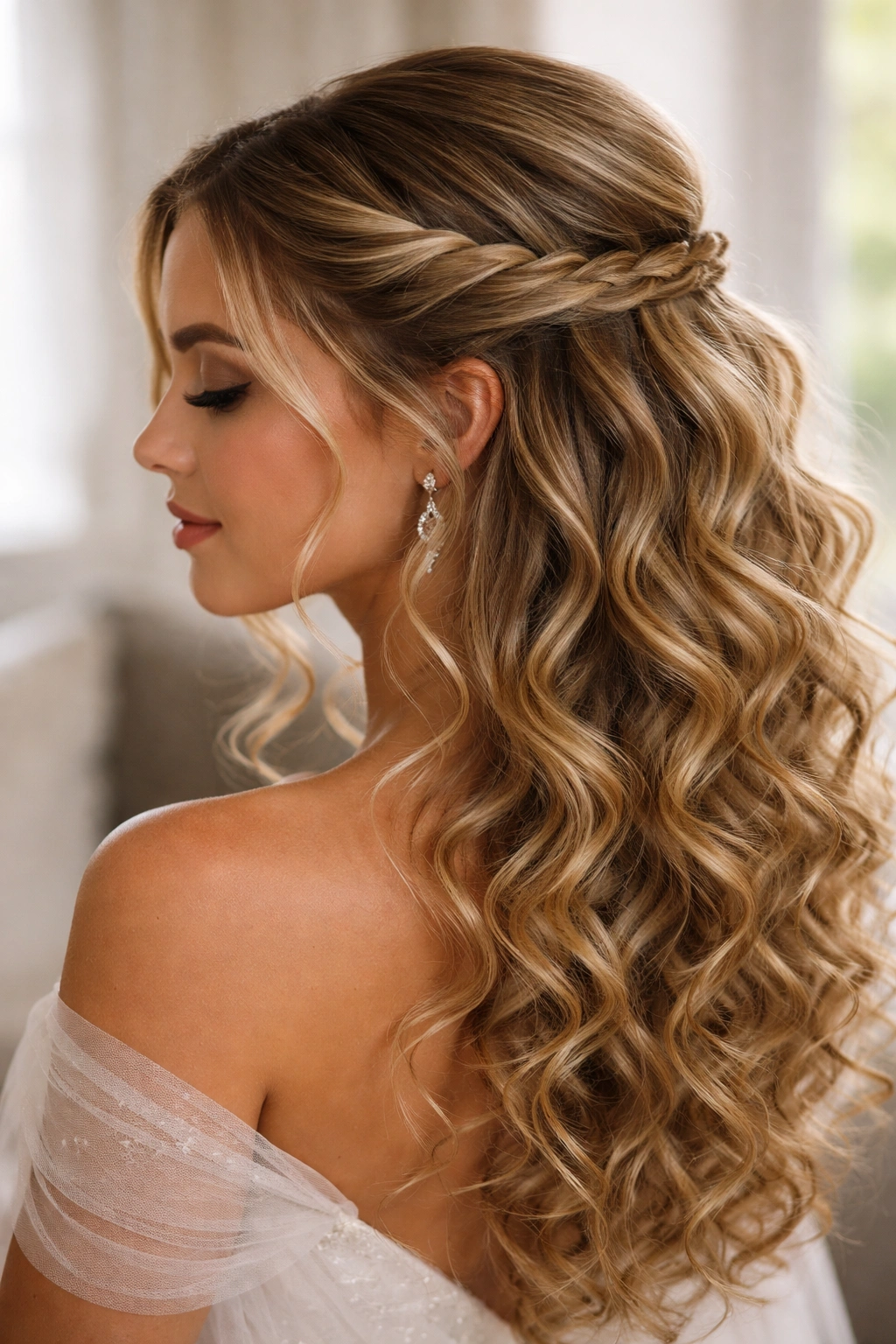Temple rope twists swept back into a half-up hairstyle