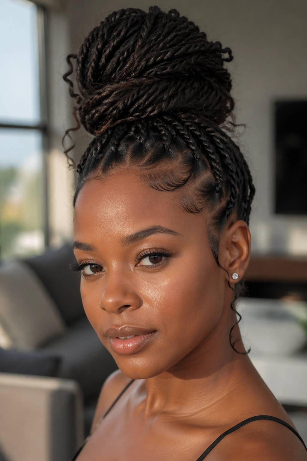 Close-up of rope twist top bun on a real woman with twisted hair texture