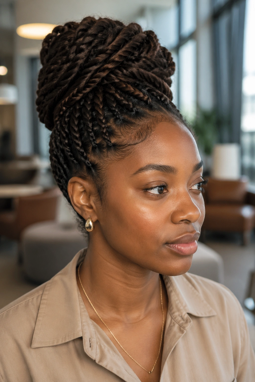 Close-up of a real woman with rope twists forming a polished bun.