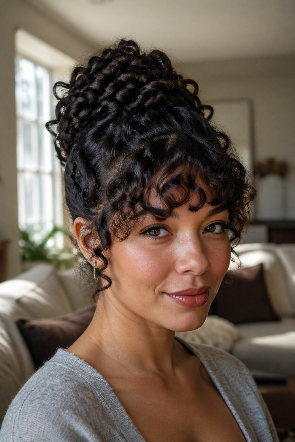 Close-up of a real woman with rope-twist updo and soft rounded bangs in a softly lit living room.