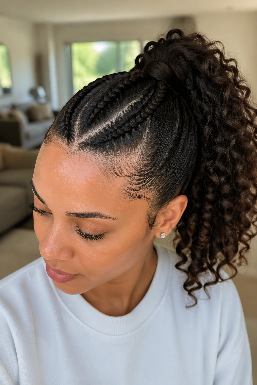 Close-up of real person with rope-twist V-part ponytail.