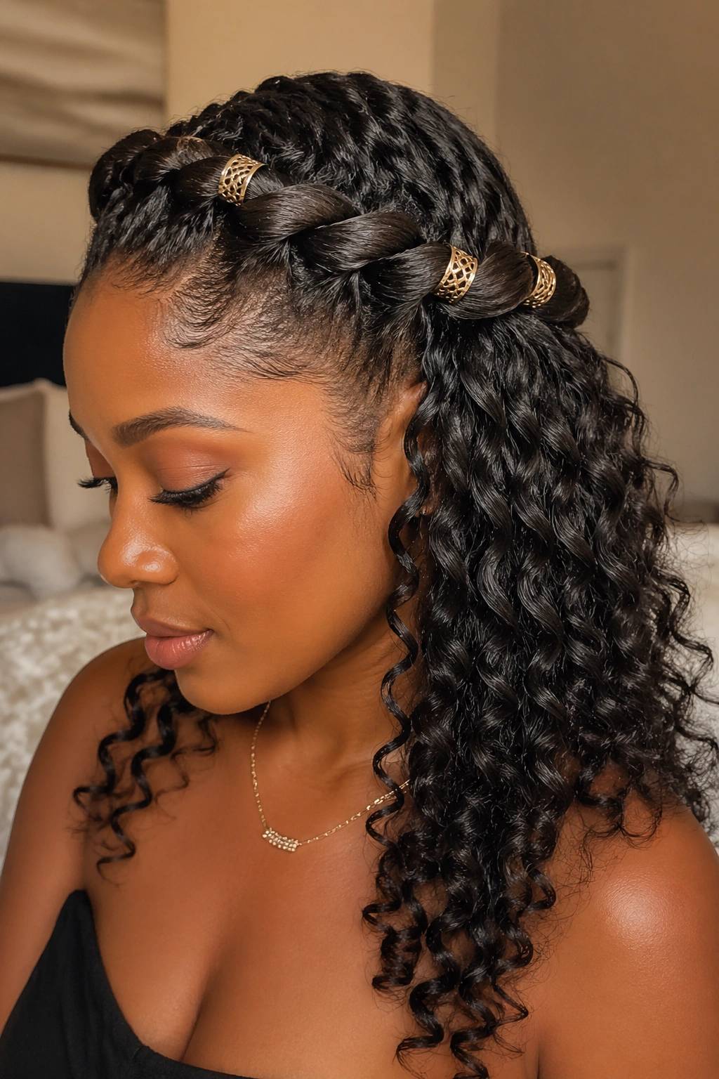 Close-up of a real woman with rope twist half up and wand curls, metallic cuffs on the twist, warm room.