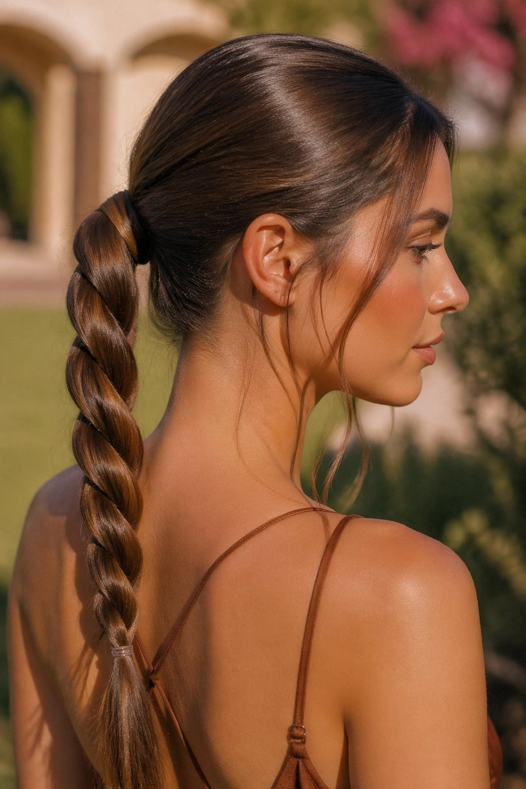 Real woman with rope-twisted ponytail in warm mocha brown hair.