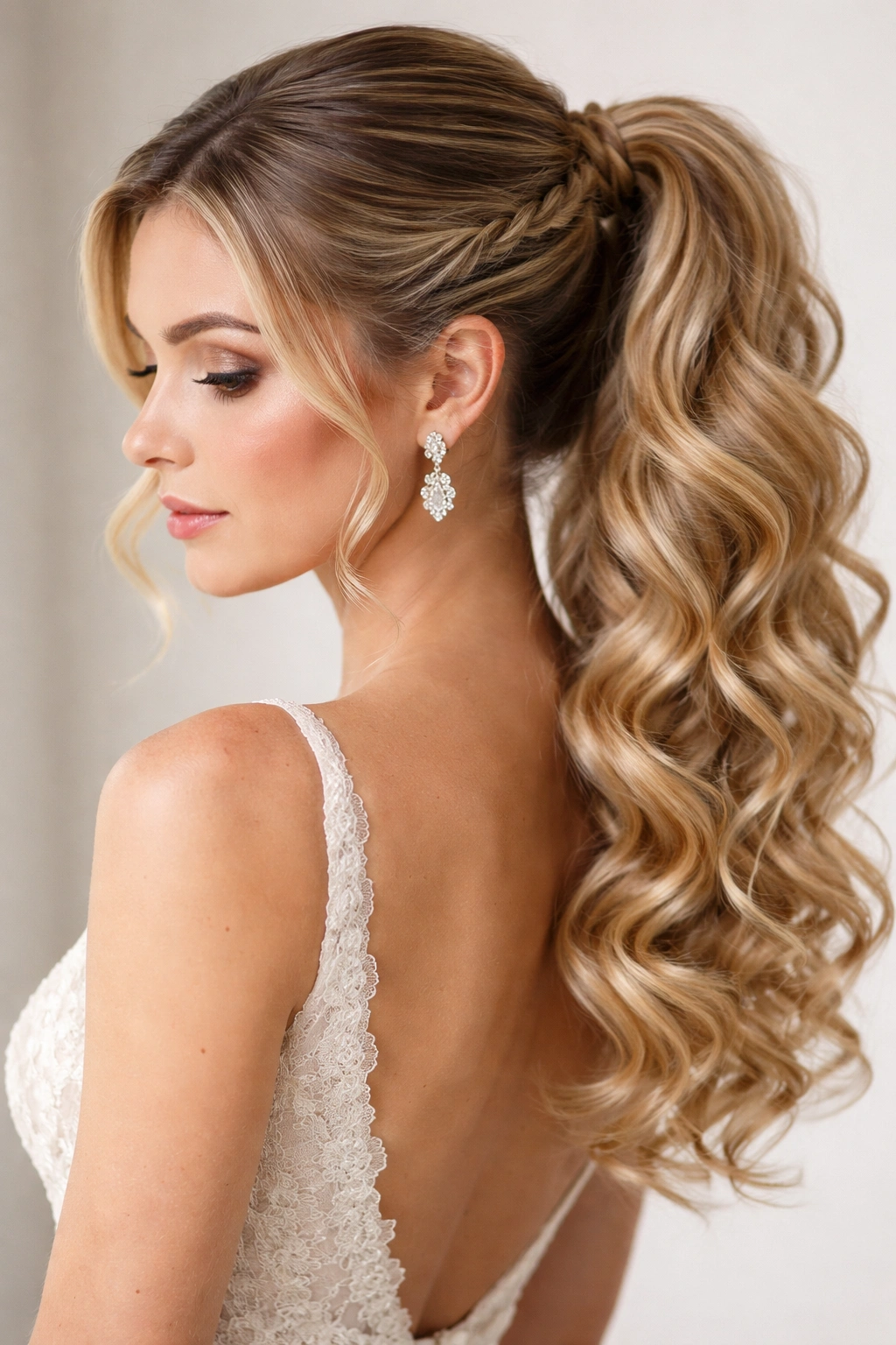Close-up of bridal ponytail with rope twists at the sides on curly hair