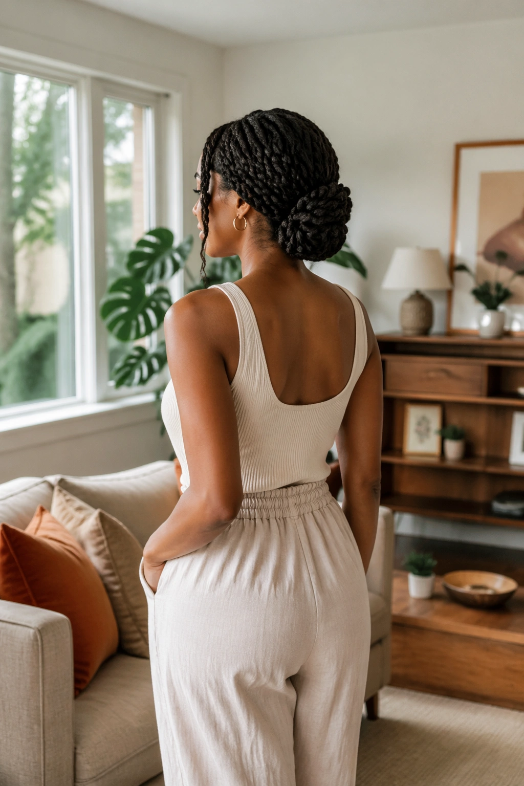 Rope twists formed into a chignon in a bright living space