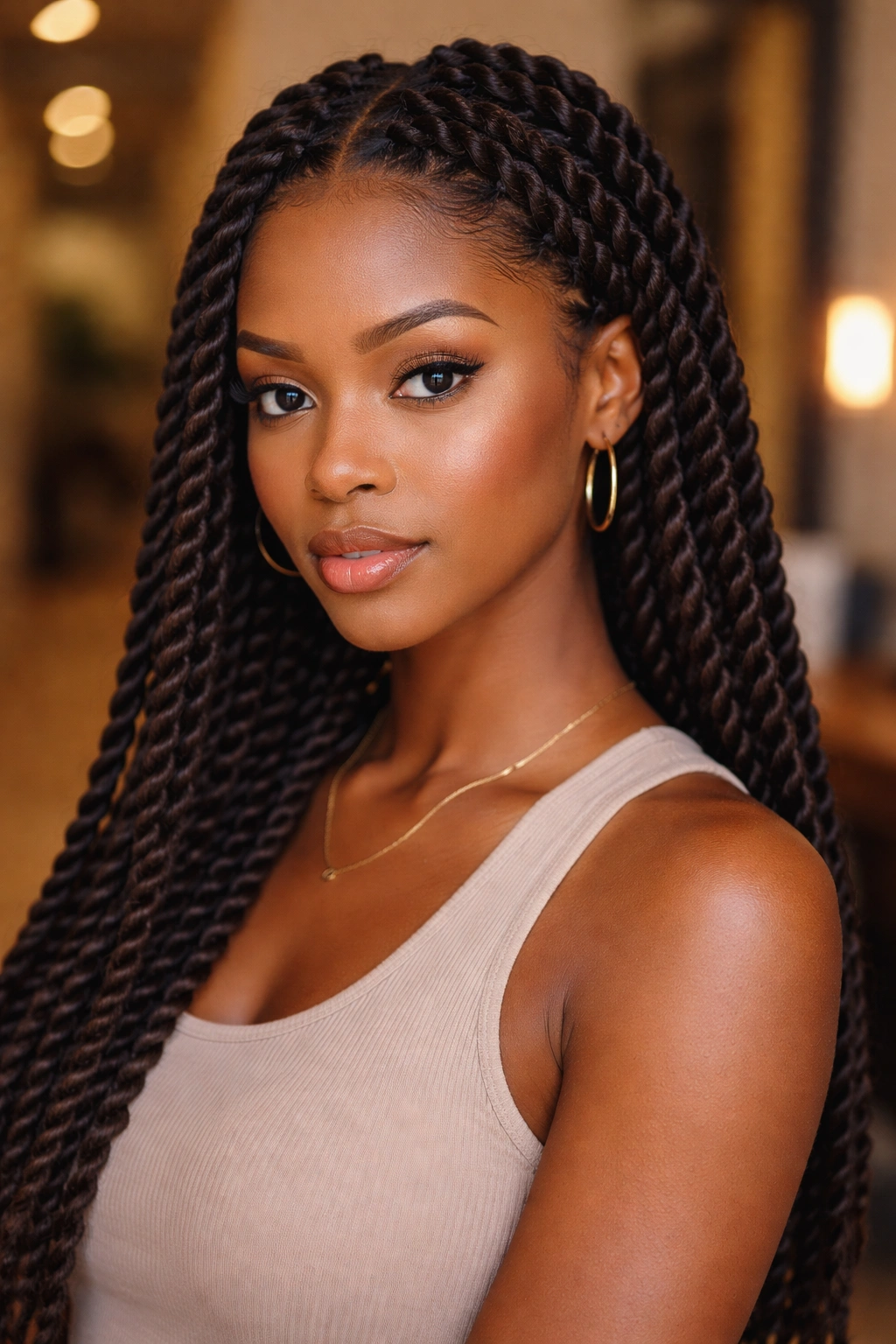 Close-up of a person with rope twists forming a cylinder around the head