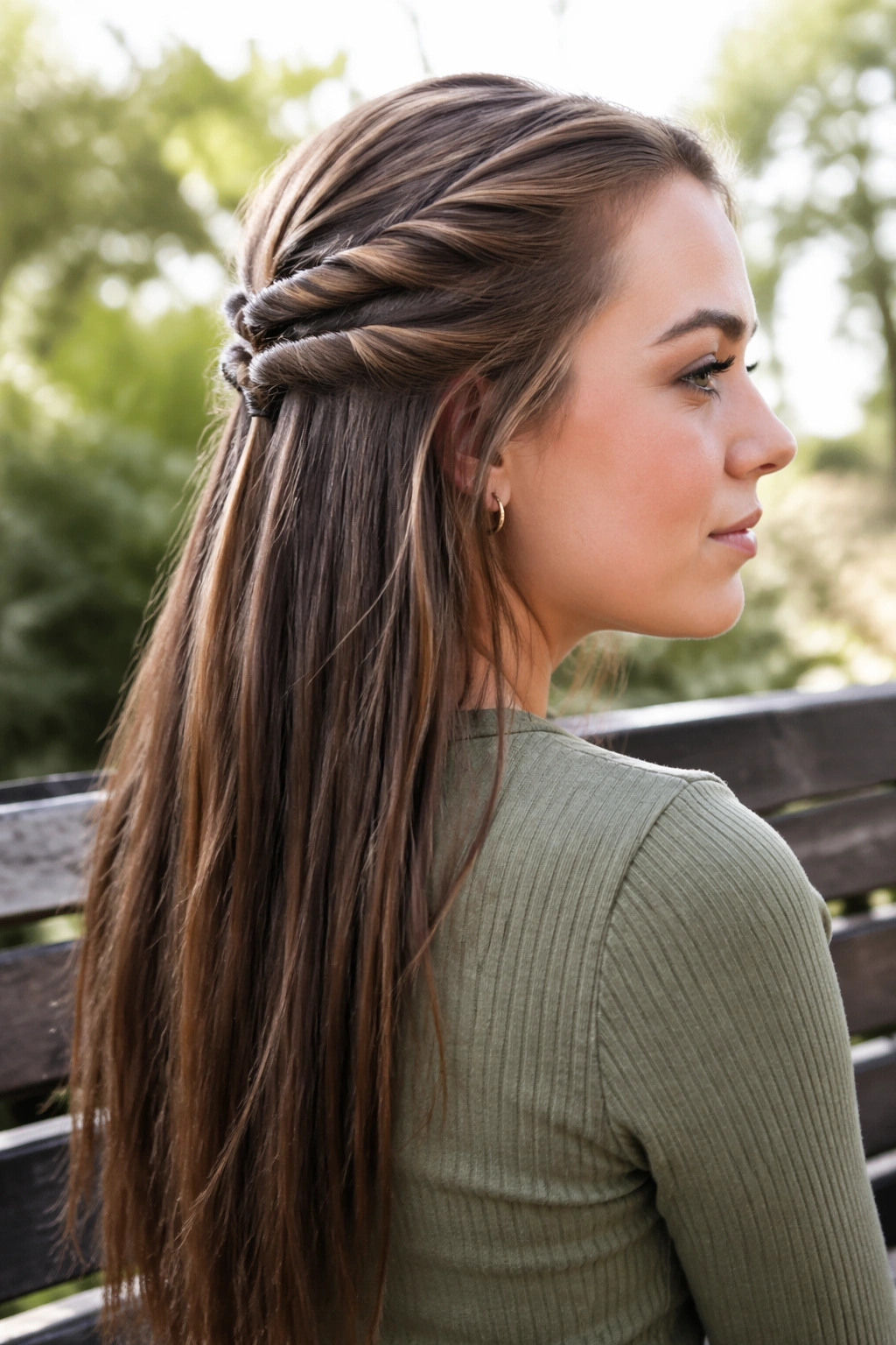 Close-up of a real woman with rope twists tied at back in a park