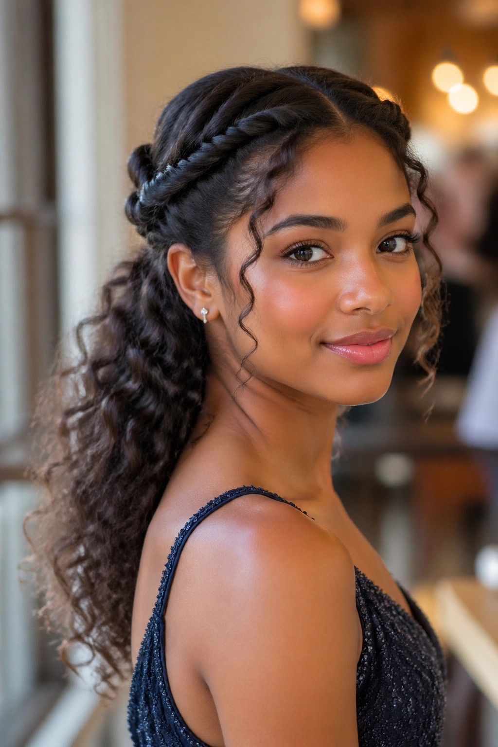 Three-quarter portrait of rope twist half-up with curls on a real person in a cafe-like setting.