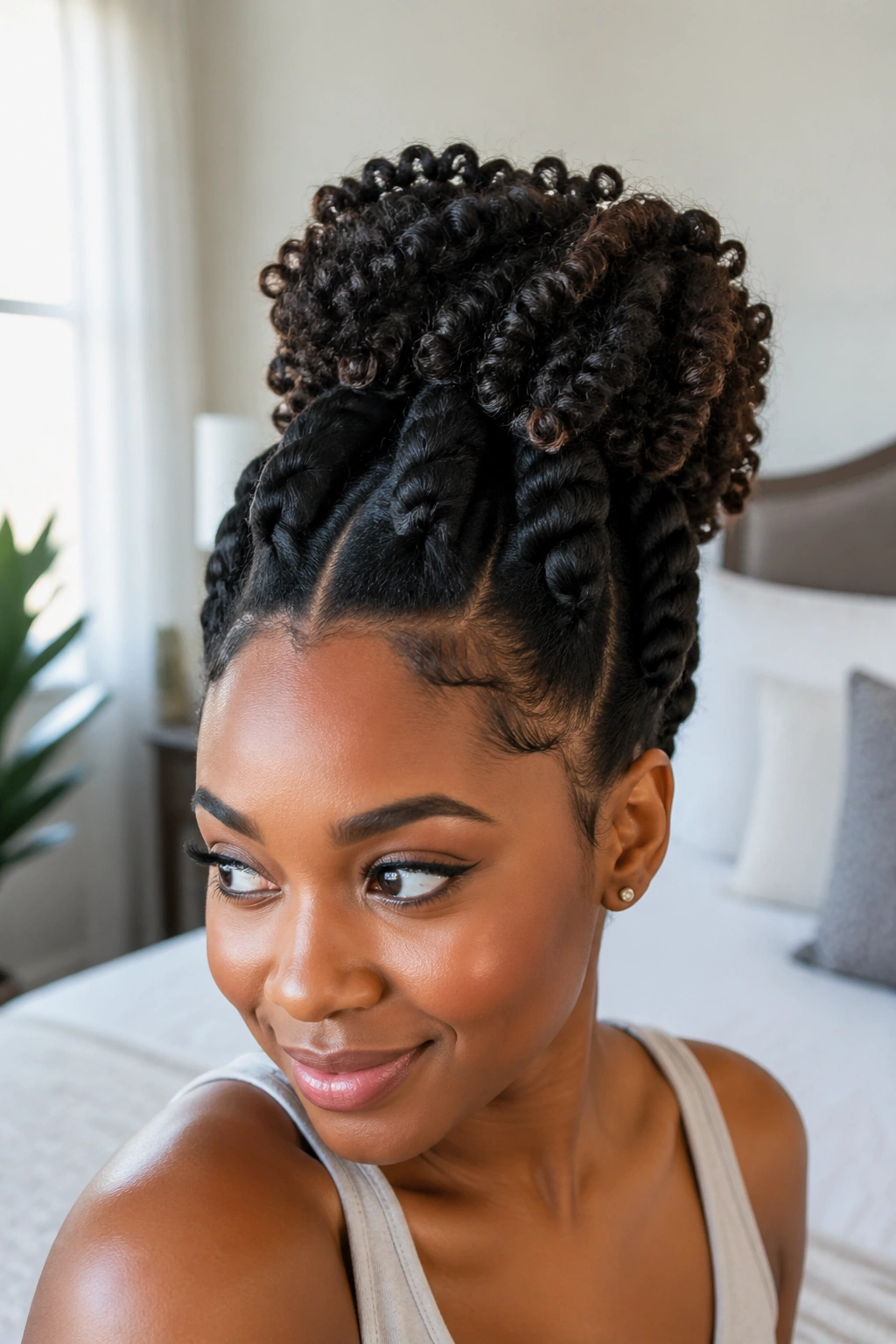 Close-up of a real person with chunky rope twists forming a crown puff
