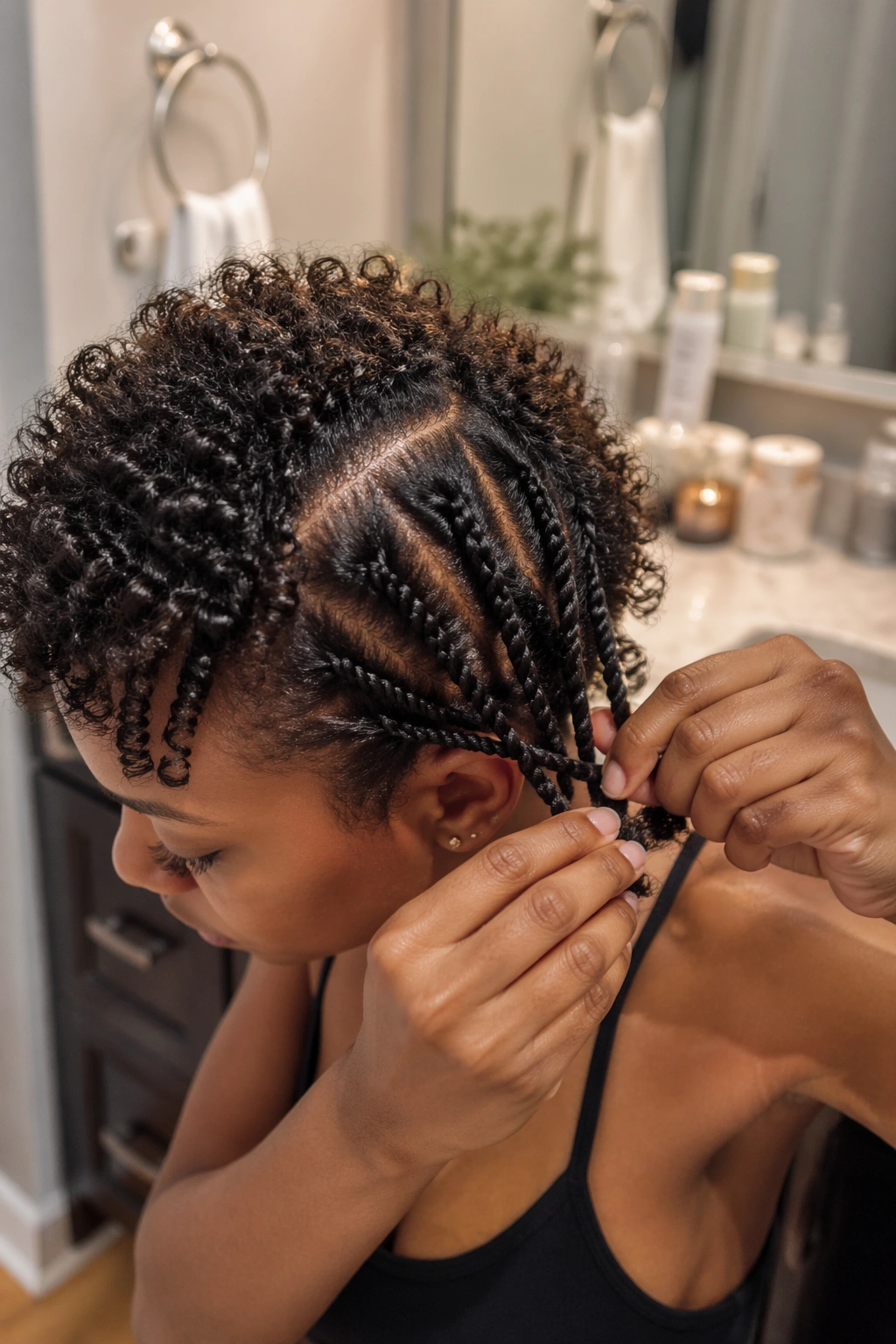 Hands twisting rope-twist braids on thick short curls in bathroom.