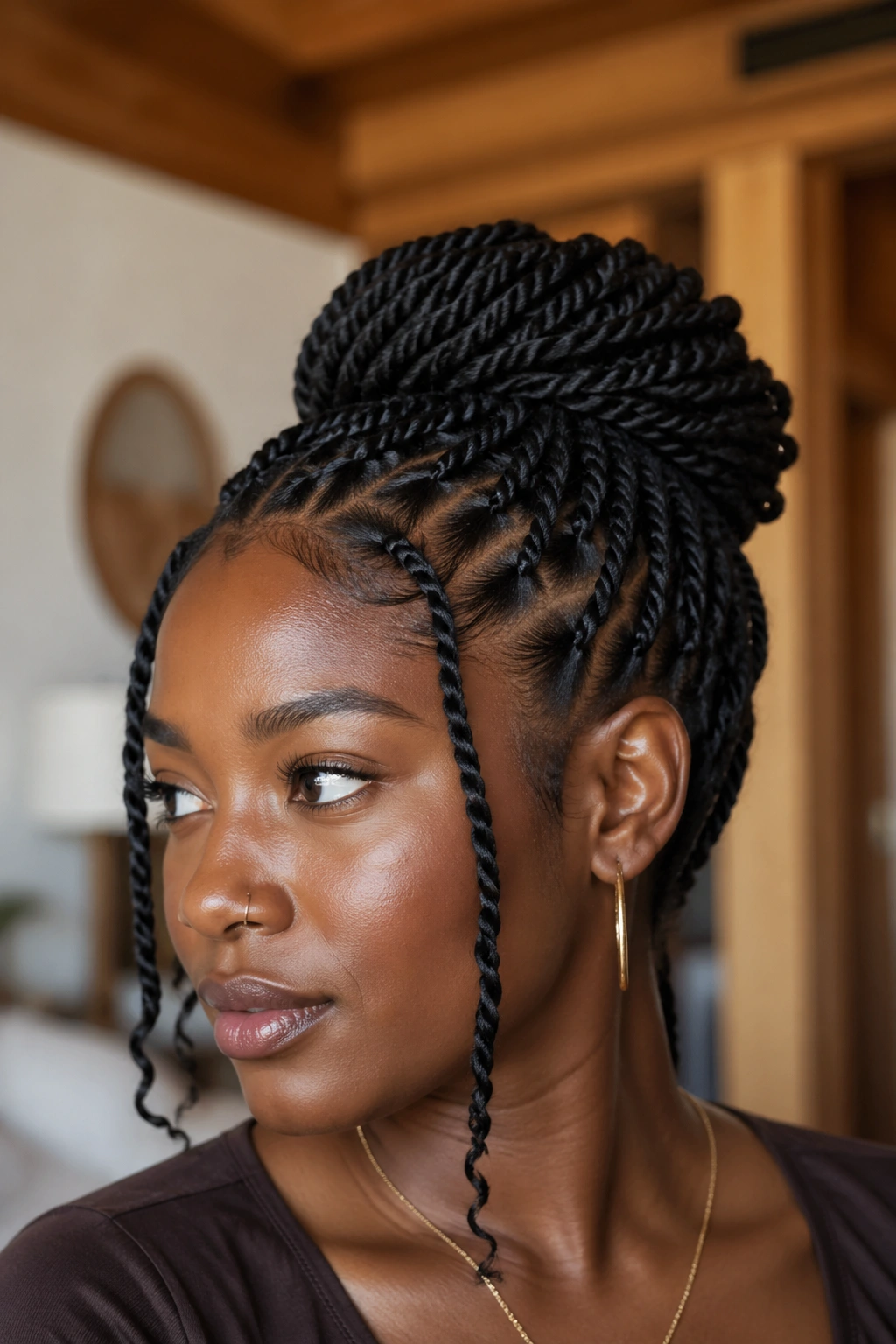 Close-up of a real Black woman with rope twists in an updo