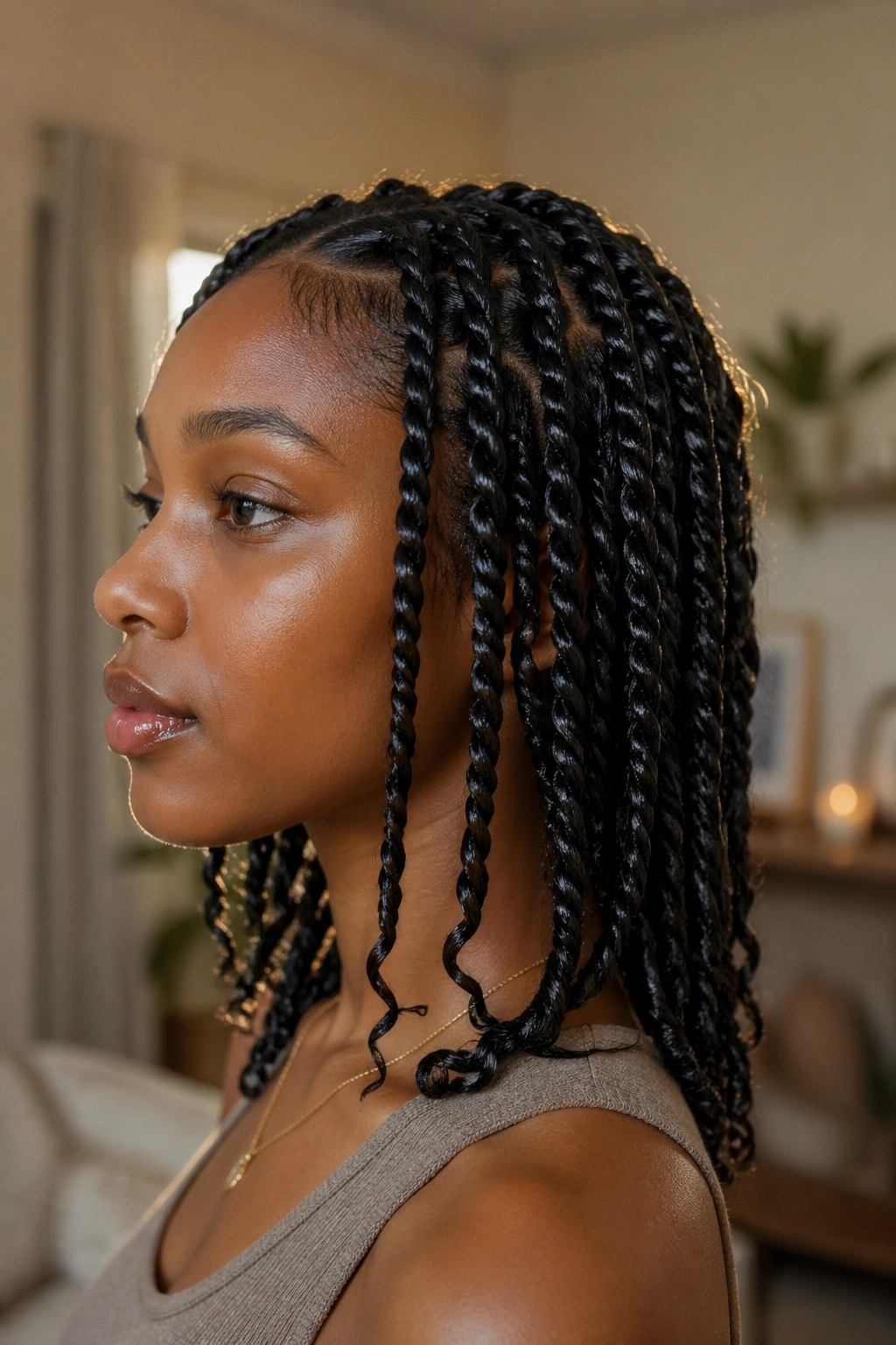 Real person showing wet rope twists hairstyle, side view