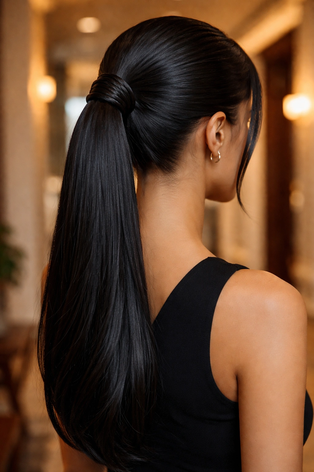 Back-of-head shot of a real woman showing a rope-wrapped ponytail base with twisted strands