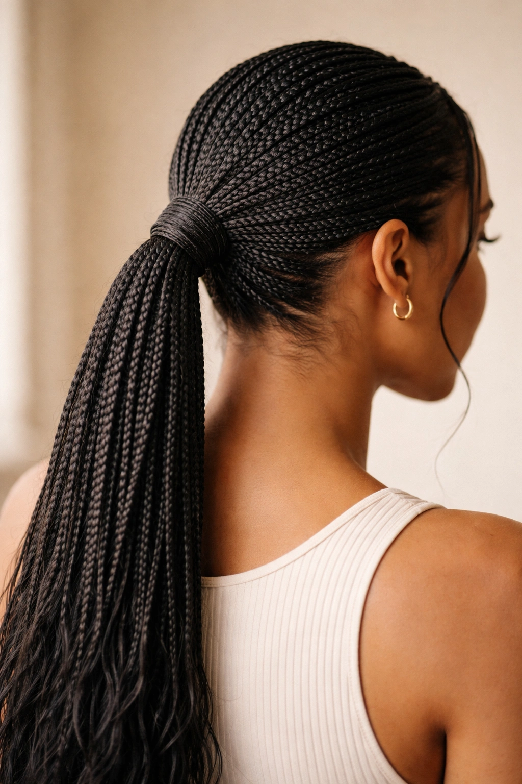 Rope-wrapped knotless braid ponytail close-up with rope wrap at base