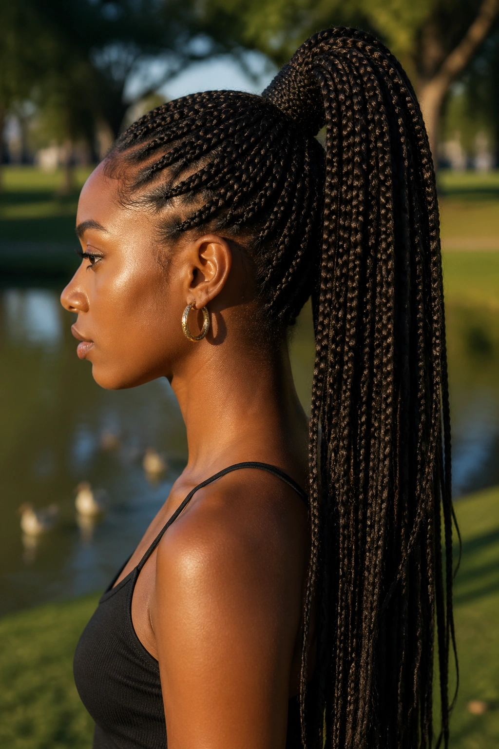 Side-profile portrait of a woman with rope-wrapped ponytail long box braids.