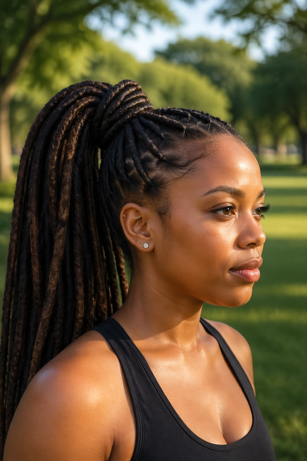 Close-up of a real person with a rope-wrapped ponytail at the base, spiral texture visible
