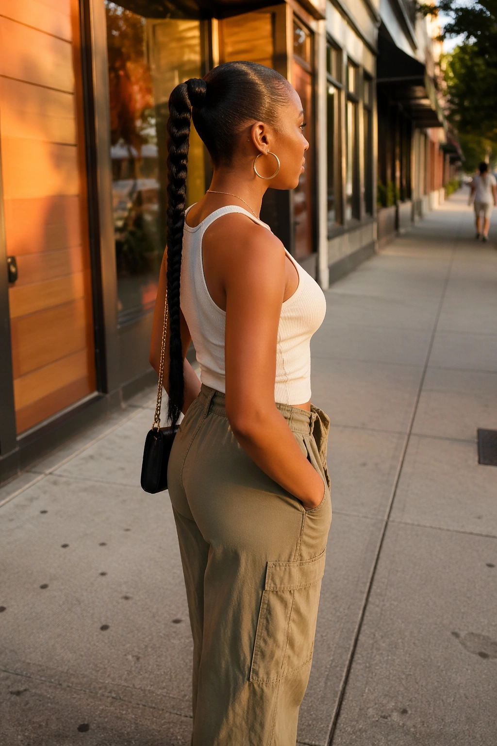 Rope-Twist Ponytail worn during golden hour on city street