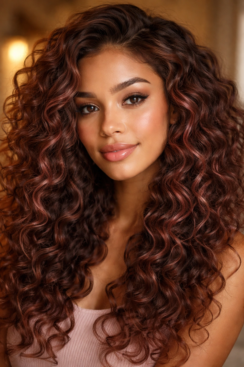Real woman's rose brown hair in warm indoor light