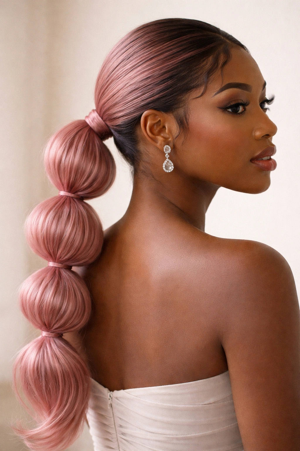 Low bubble ponytail in soft rose pink with evenly spaced segments against a neutral backdrop