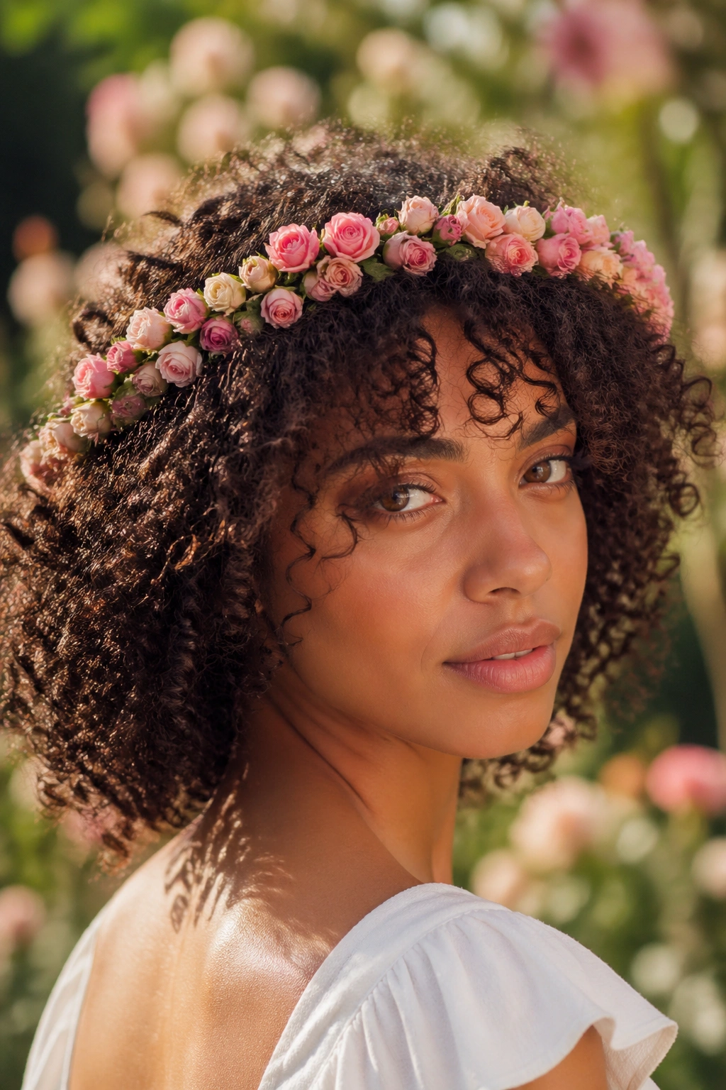 Portrait of a person wearing a circular rose crown in a garden.