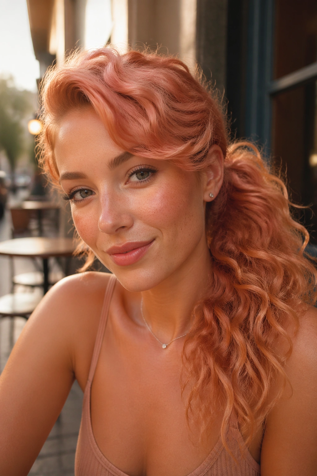 Rose-ginger side-swoop ponytail on real woman