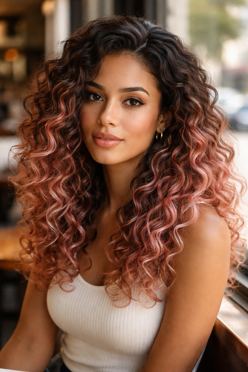 Close-up of a real woman with rose gold balayage curls in a cafe setting