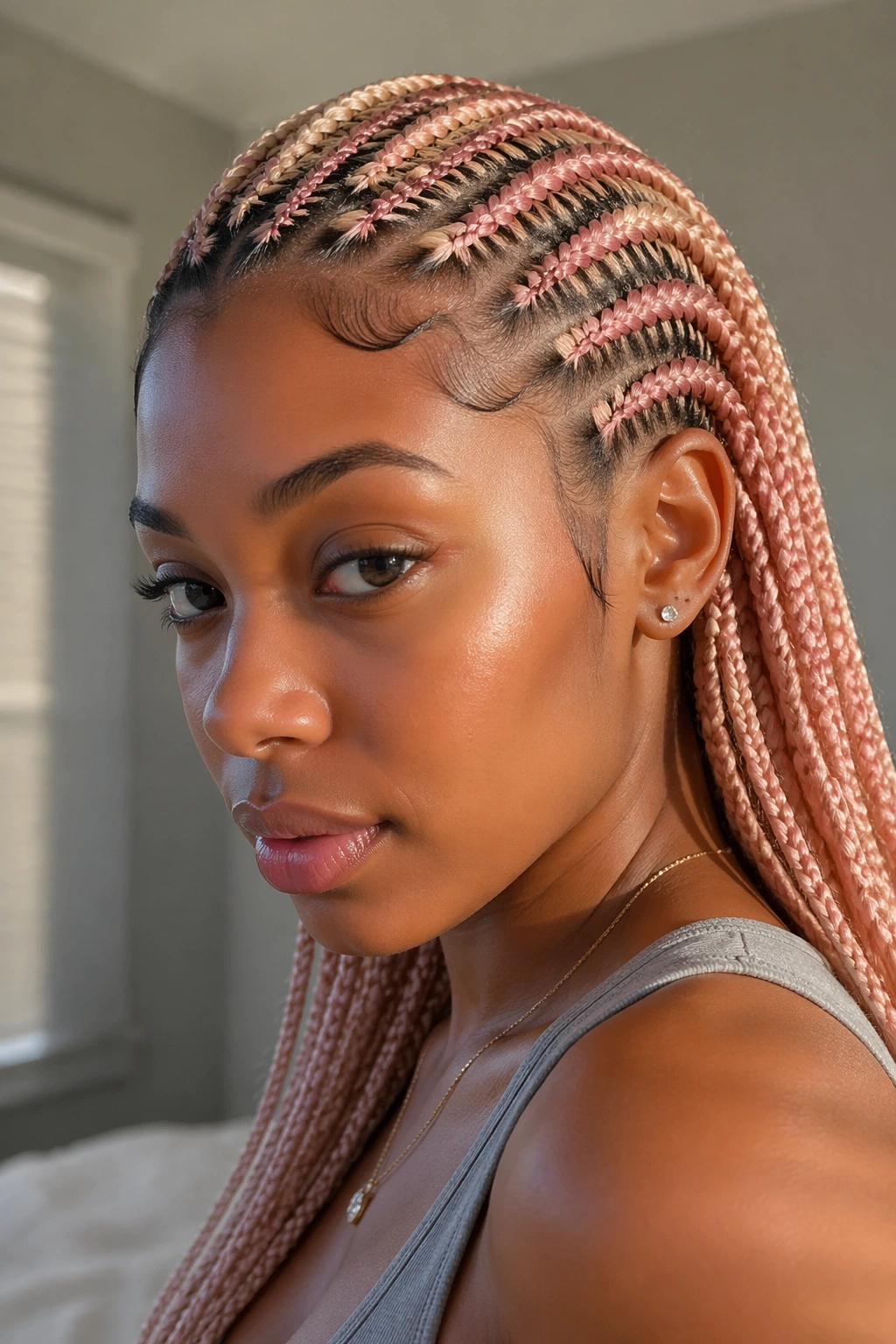 Close-up of a real woman with rose-gold blonde cornrows