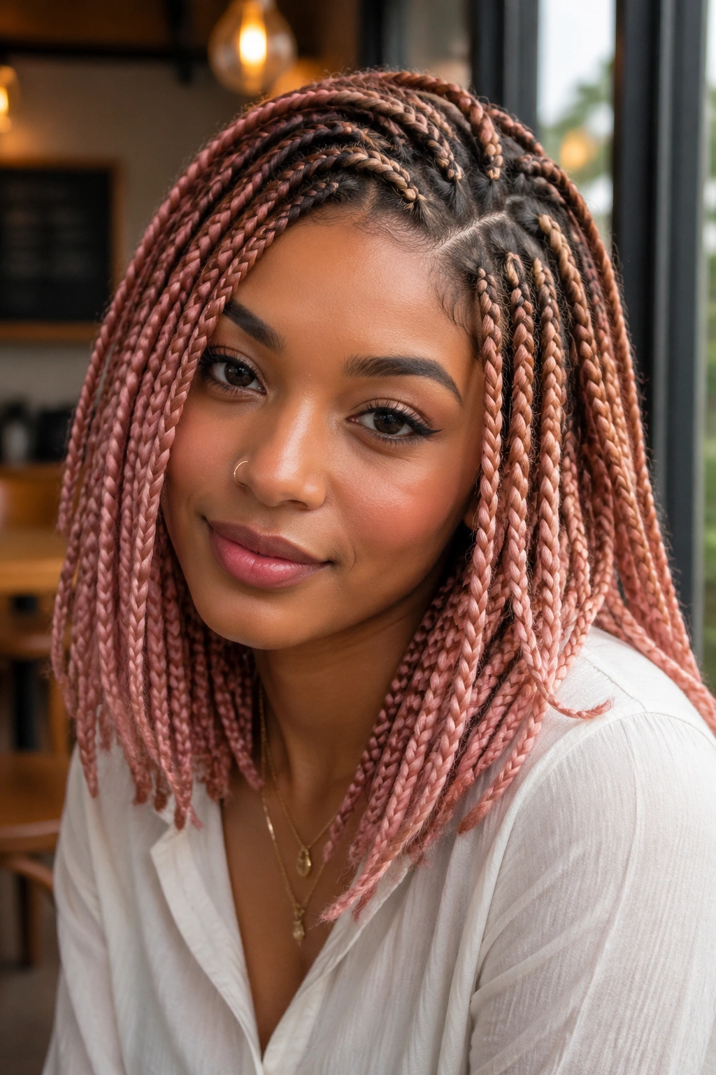 Close-up of a real woman with rose gold box braids and warm brown roots.