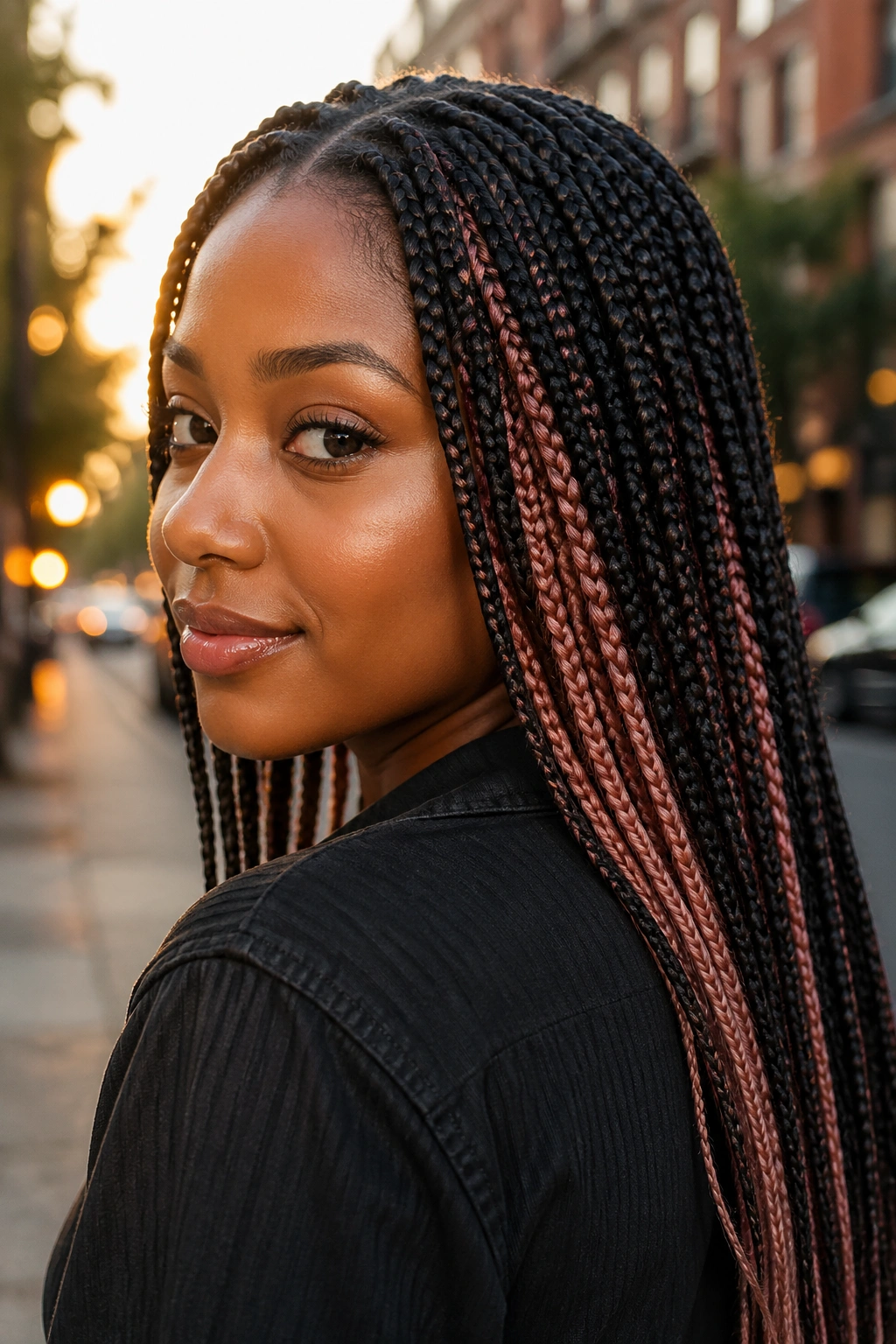 Close-up of a real woman with rose gold peekaboo braids at golden hour