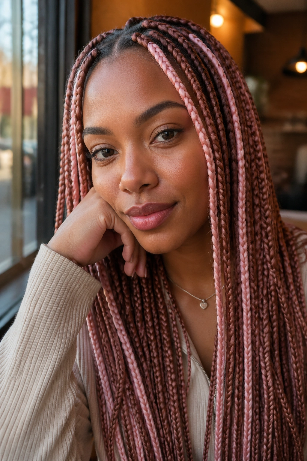 Close-up of rose gold braids with soft pink accents framing the face in warm light.