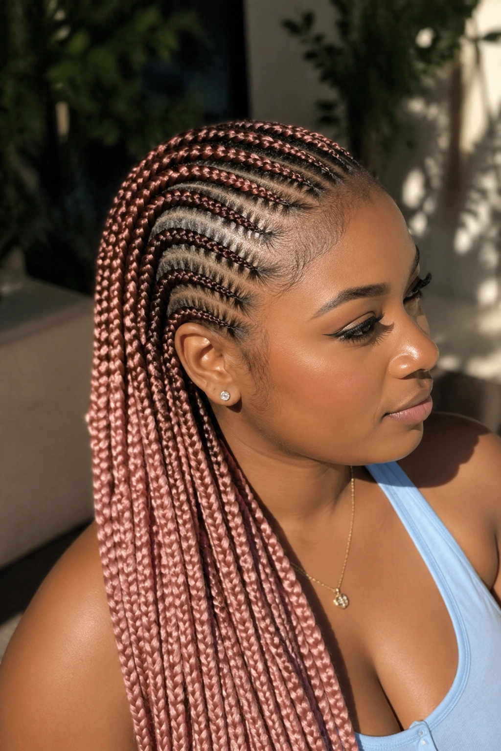 Close-up of rose gold ombre cornrows on a real person in a sunlit outdoor courtyard