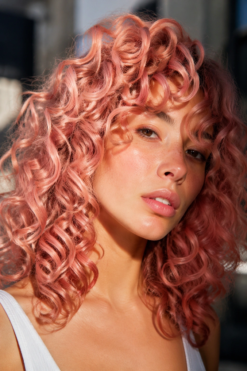 Close-up of rose gold tinted curls on a real person