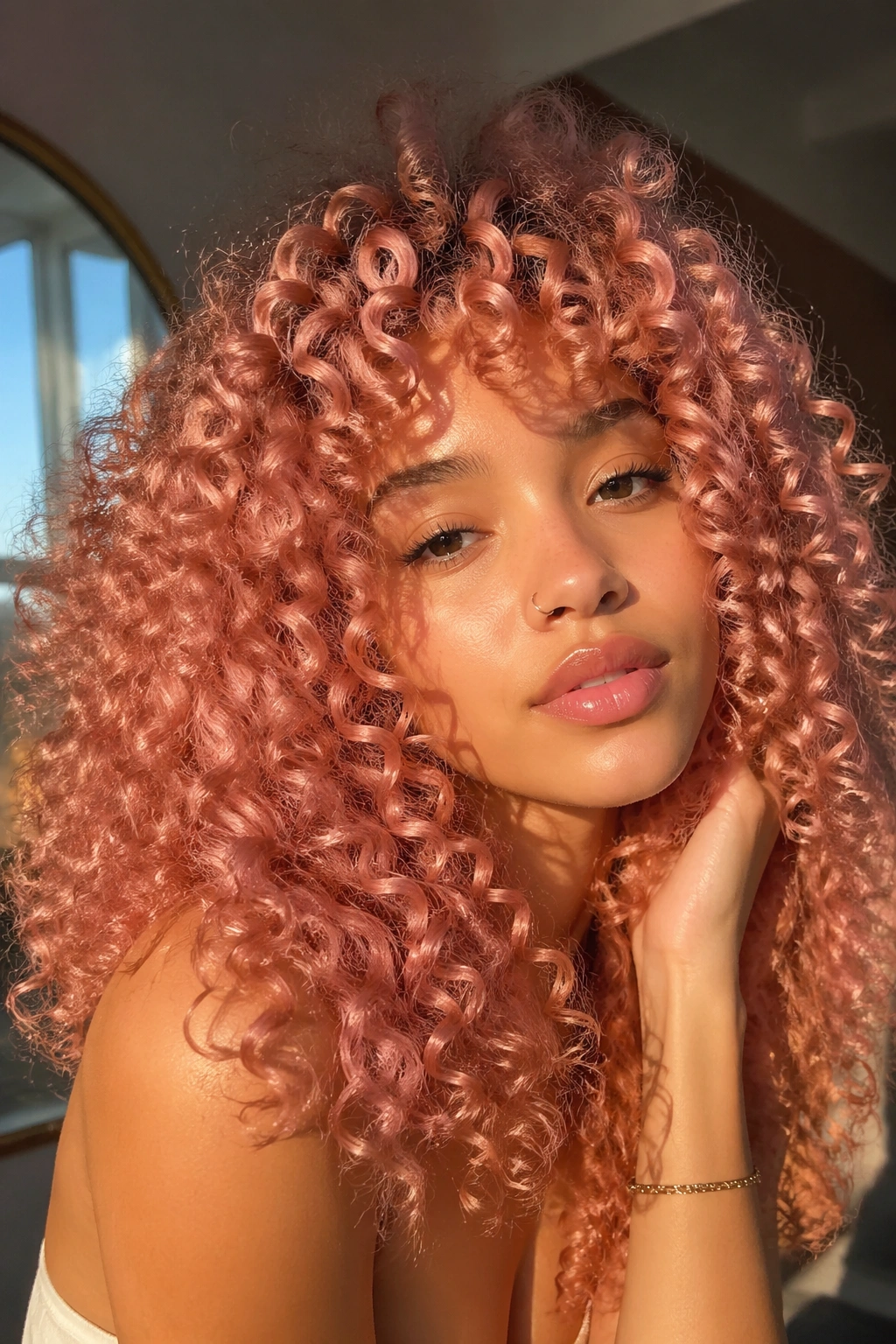 Close-up of a real person with rose-gold curly hair
