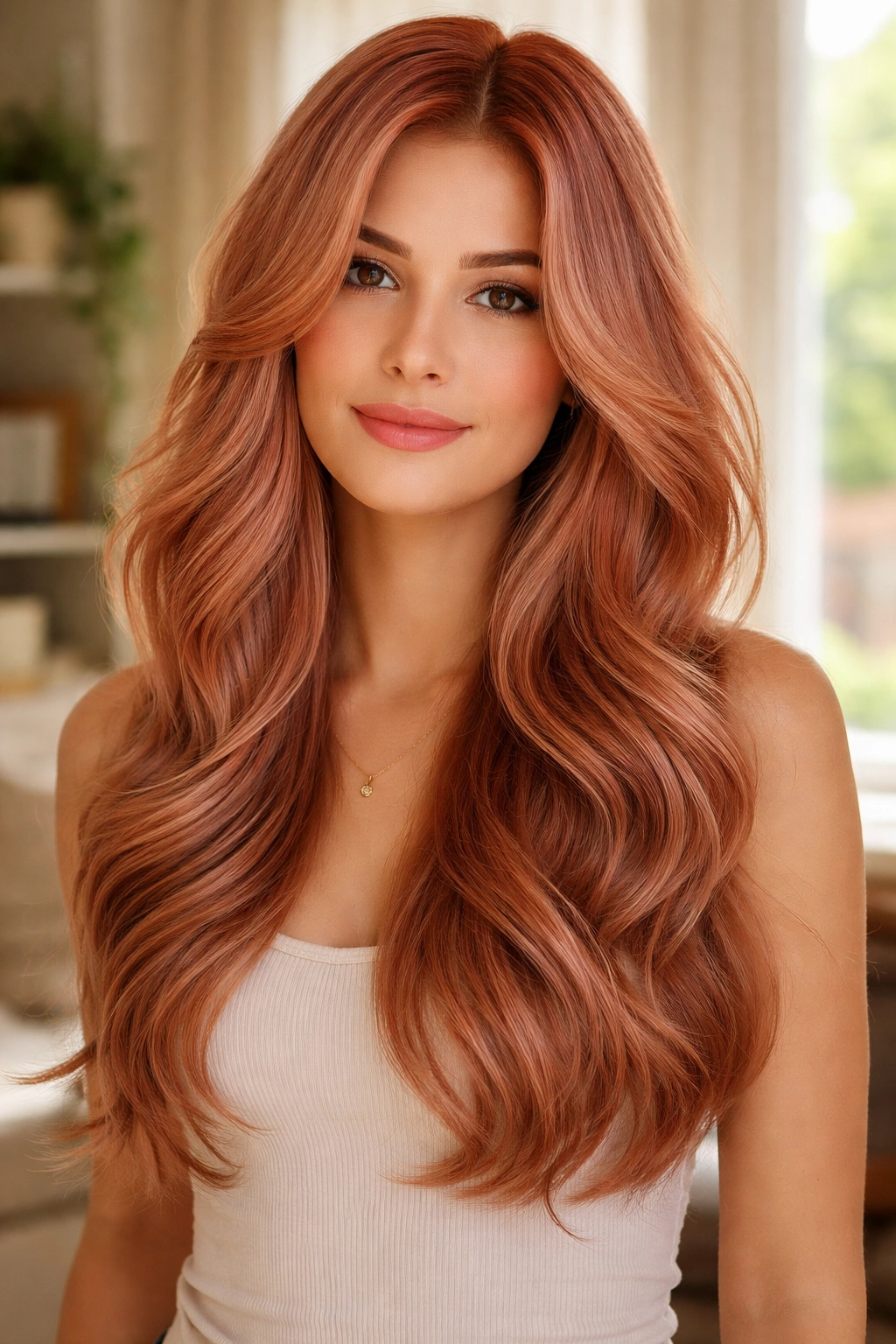 Close-up of a woman with rose-gold layered waves and soft face framing
